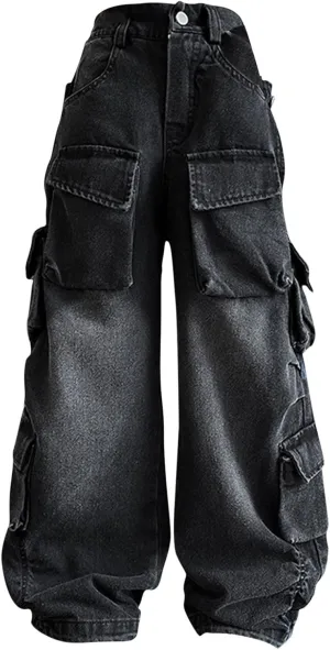 Teens Girls Denim Baggy Jeans Kids Girls High Waisted Elastic Distressed Washed Wide Leg Jeans Pants with Multi Pockets