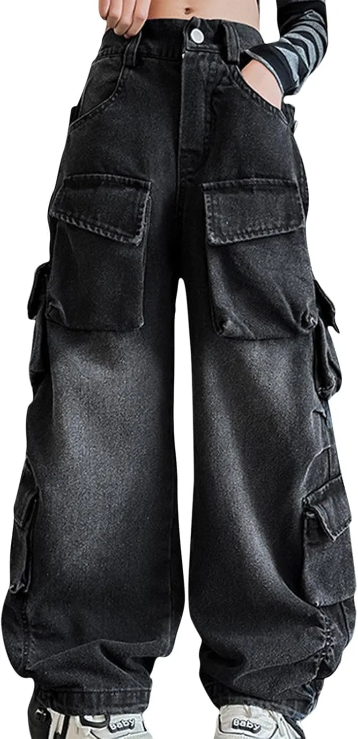 Teens Girls Denim Baggy Jeans Kids Girls High Waisted Elastic Distressed Washed Wide Leg Jeans Pants with Multi Pockets