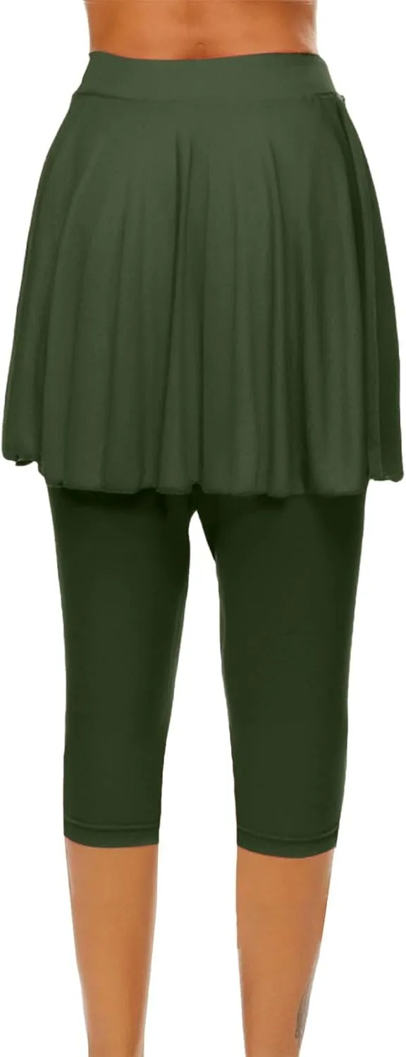 Tennis Skirted Leggings for Women Yoga Athletic Tummy Control Skort Golf Pickleball Capri Leggings with Ruffle Skirt