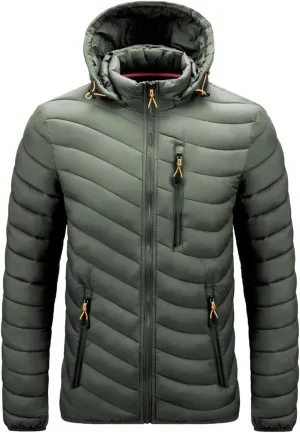 Thatrich Mens Lightweight Puffer Jacket with Hood Removable Hooded Jacket Zip Up Long Sleeve Water-Resistant Winter Outerwear