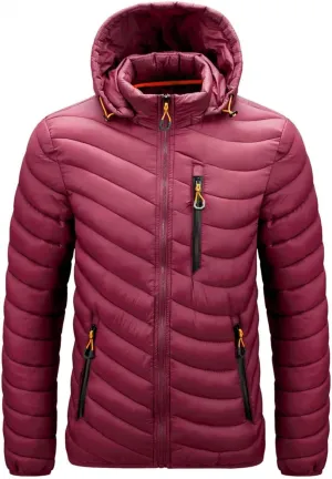 Thatrich Mens Lightweight Puffer Jacket with Hood Removable Hooded Jacket Zip Up Long Sleeve Water-Resistant Winter Outerwear