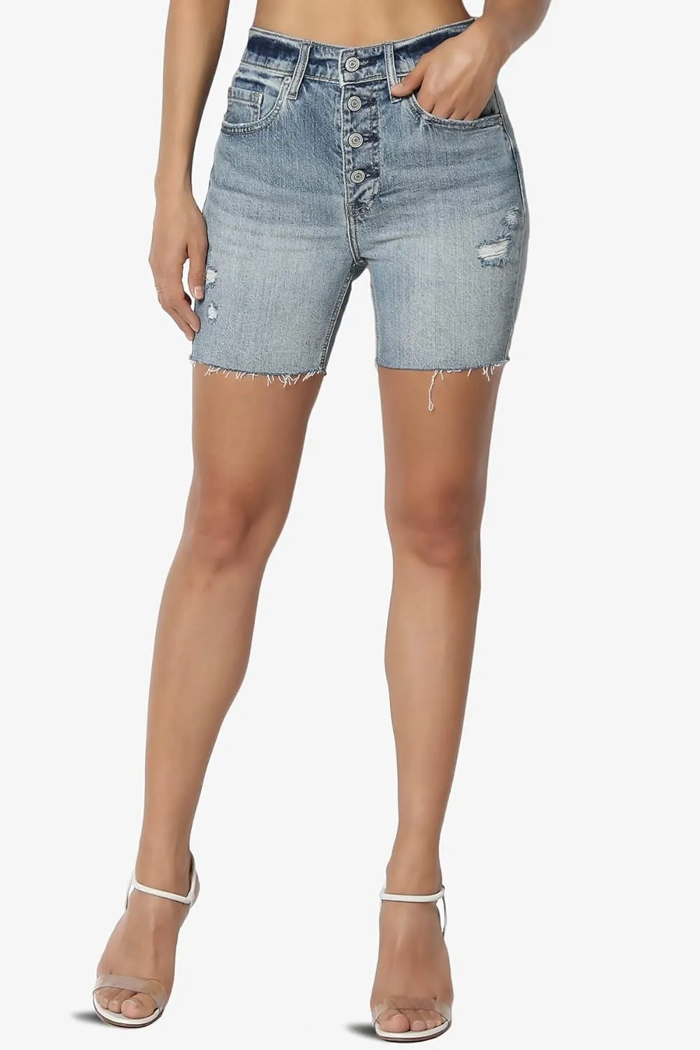 TheMogan Distressed Ripped Cut Off Frayed Hem High Waist Denim Shorts Shortie