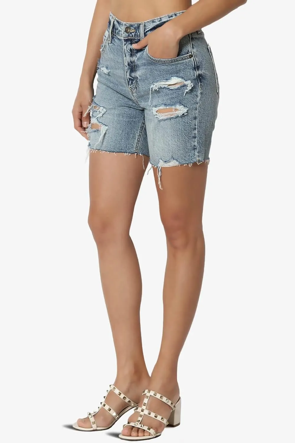 TheMogan Distressed Ripped Cut Off Frayed Hem High Waist Denim Shorts Shortie
