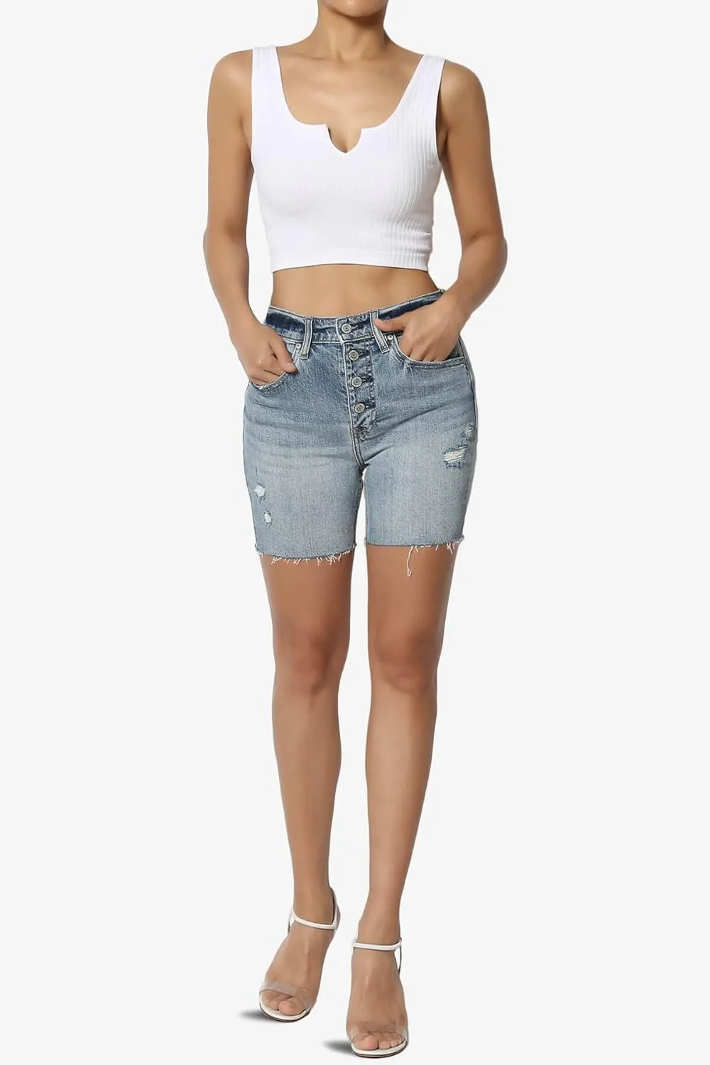 TheMogan Distressed Ripped Cut Off Frayed Hem High Waist Denim Shorts Shortie