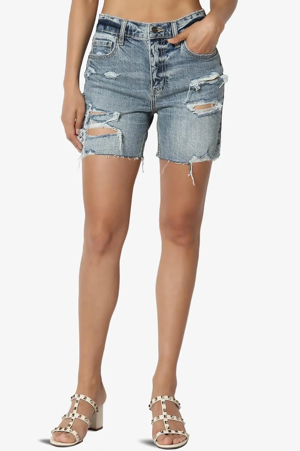 TheMogan Distressed Ripped Cut Off Frayed Hem High Waist Denim Shorts Shortie
