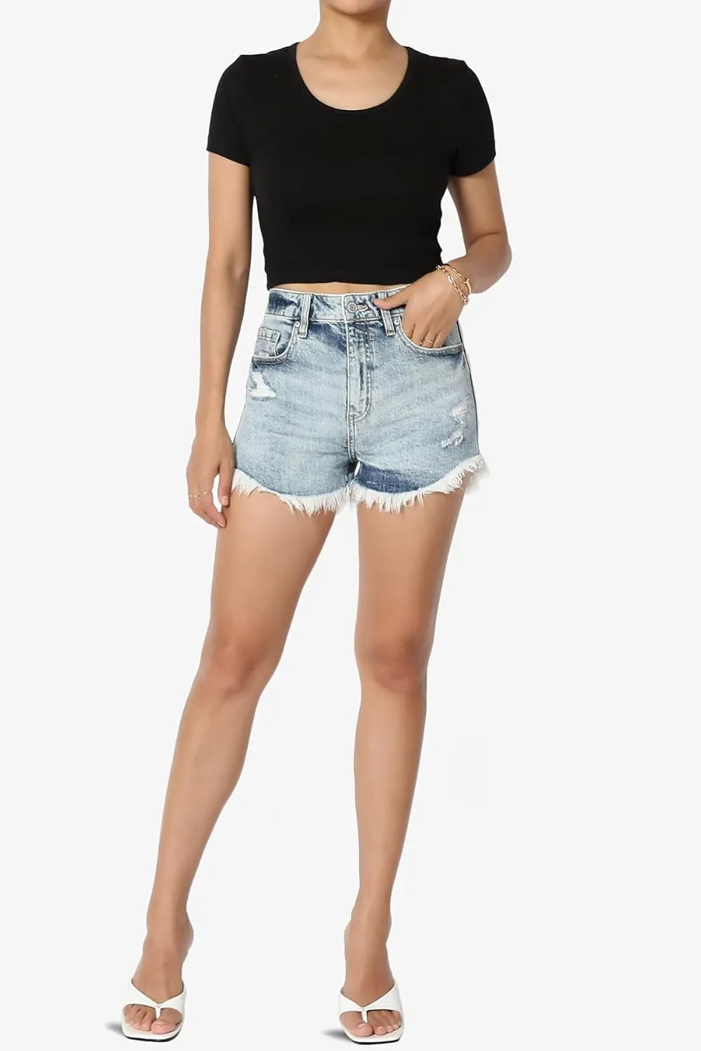 TheMogan Distressed Ripped Cut Off Frayed Hem High Waist Denim Shorts Shortie