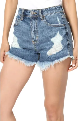 TheMogan Distressed Ripped Cut Off Frayed Hem High Waist Denim Shorts Shortie