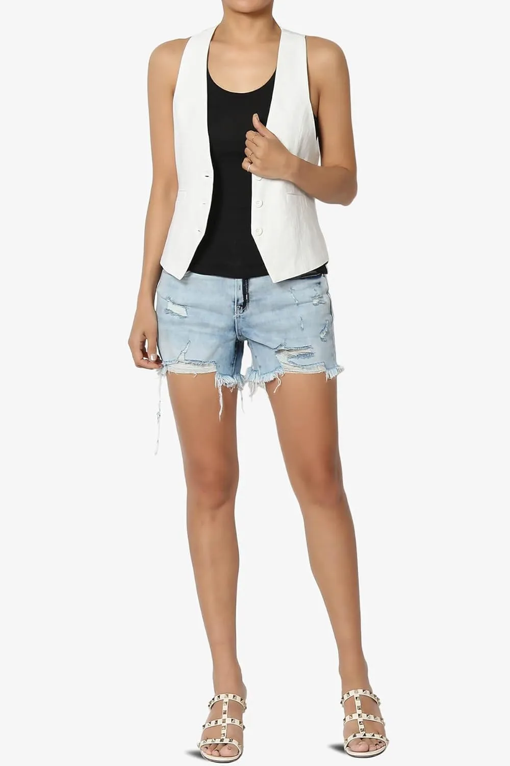 TheMogan S~XL Ladylike Frayed Hem Faded Wash High Waisted Stretch Denim Shorts
