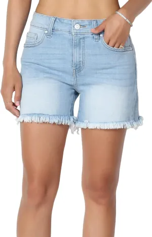 TheMogan S~XL Ladylike Frayed Hem Faded Wash High Waisted Stretch Denim Shorts