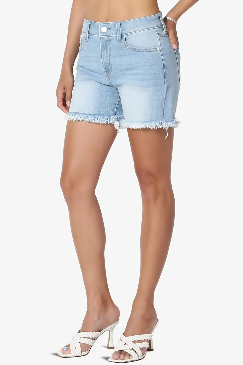 TheMogan S~XL Ladylike Frayed Hem Faded Wash High Waisted Stretch Denim Shorts