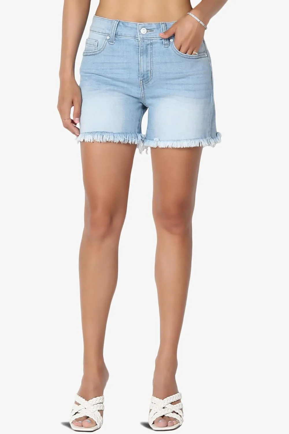 TheMogan S~XL Ladylike Frayed Hem Faded Wash High Waisted Stretch Denim Shorts
