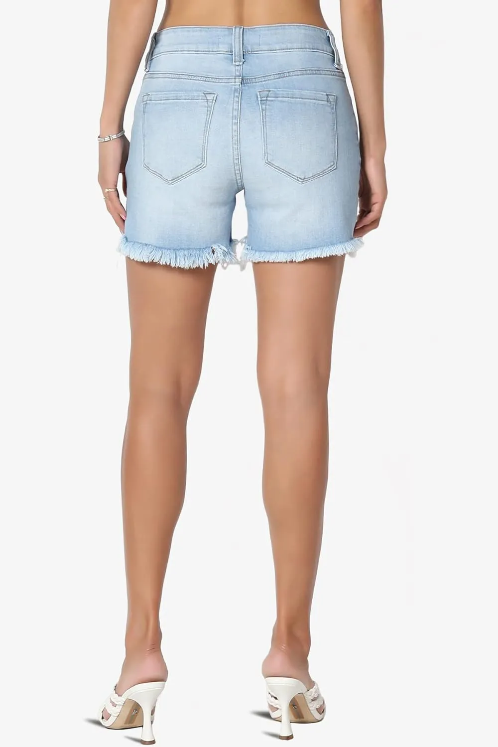 TheMogan S~XL Ladylike Frayed Hem Faded Wash High Waisted Stretch Denim Shorts