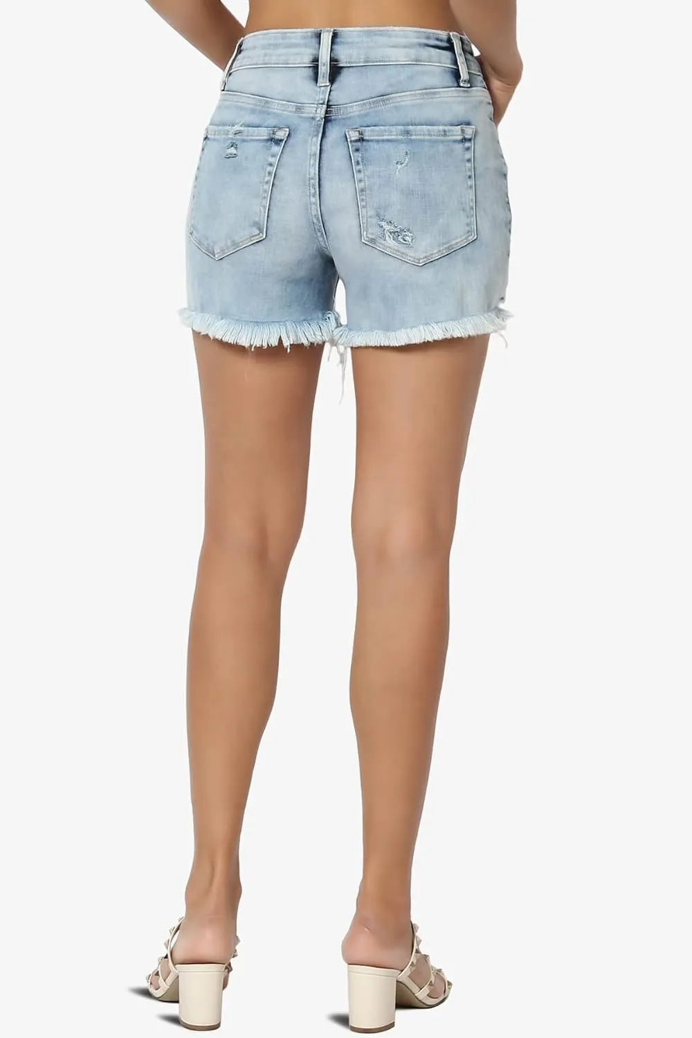 TheMogan S~XL Ladylike Frayed Hem Faded Wash High Waisted Stretch Denim Shorts