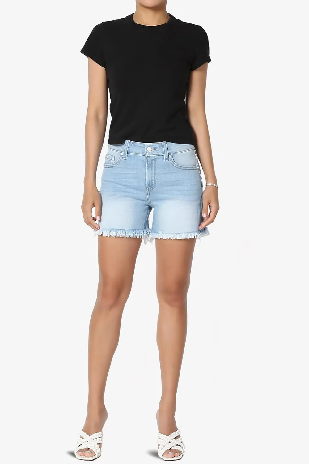 TheMogan S~XL Ladylike Frayed Hem Faded Wash High Waisted Stretch Denim Shorts