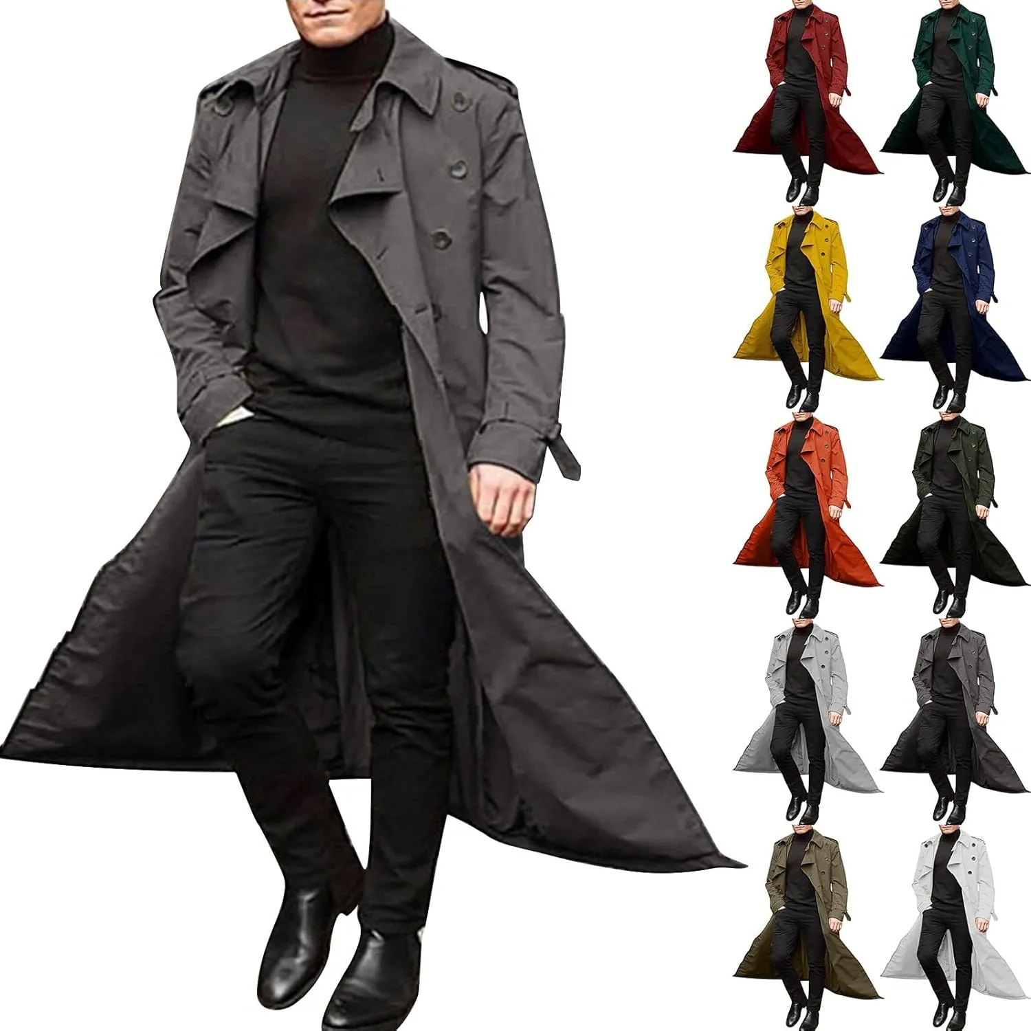Trench Coat for Men Double Breasted Notched Lapel Men's Lengthened Casual Slim Fit Long Jacket Windbreaker Overcoats