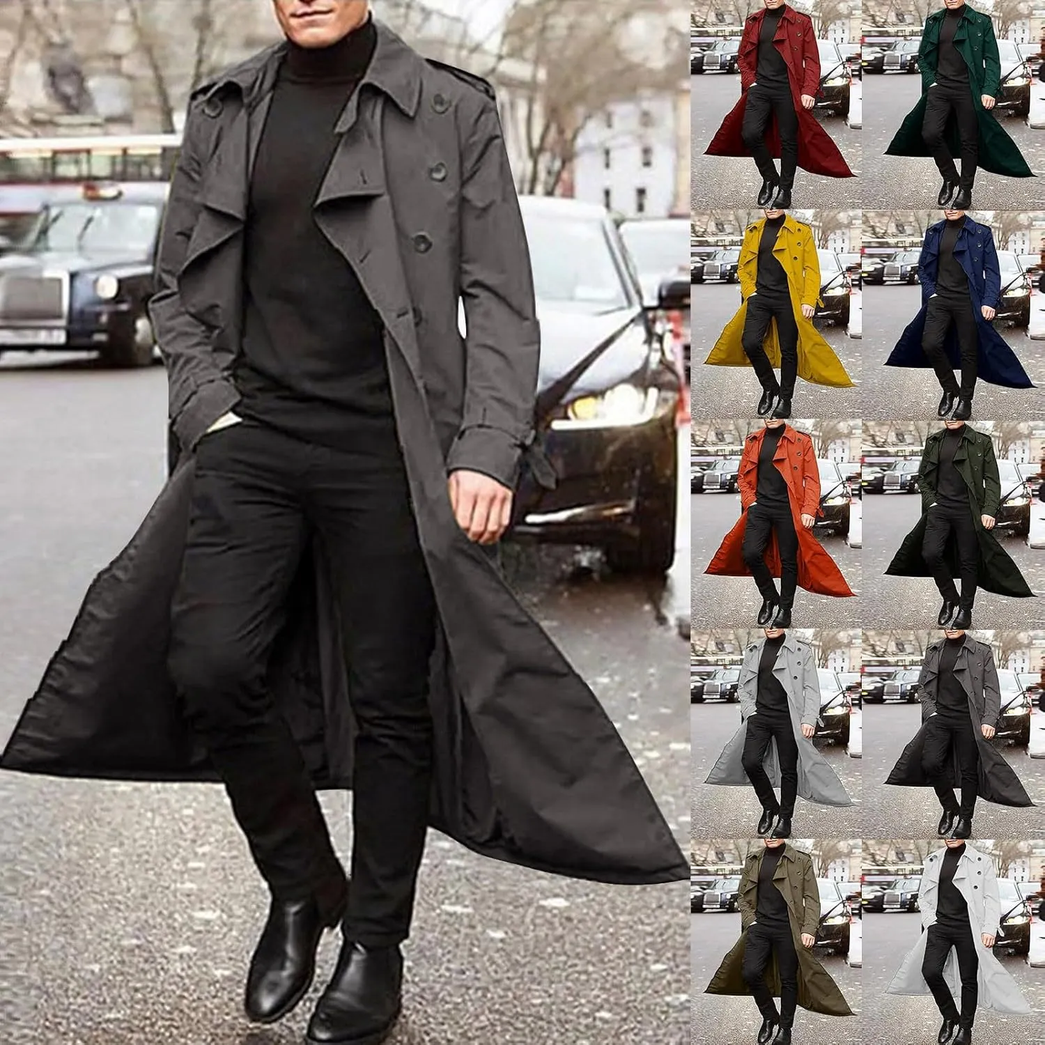 Trench Coat for Men Double Breasted Notched Lapel Men's Lengthened Casual Slim Fit Long Jacket Windbreaker Overcoats