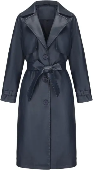Trench Coat for Women 2024 Lapel Collar Long Leather Coats Casual Winter Windbreaker Jackets Pea Coats with Belt