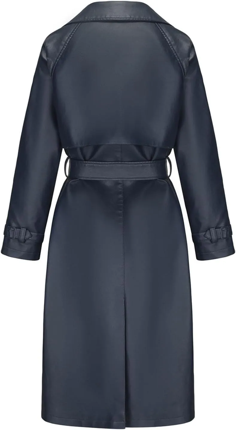 Trench Coat for Women 2024 Lapel Collar Long Leather Coats Casual Winter Windbreaker Jackets Pea Coats with Belt
