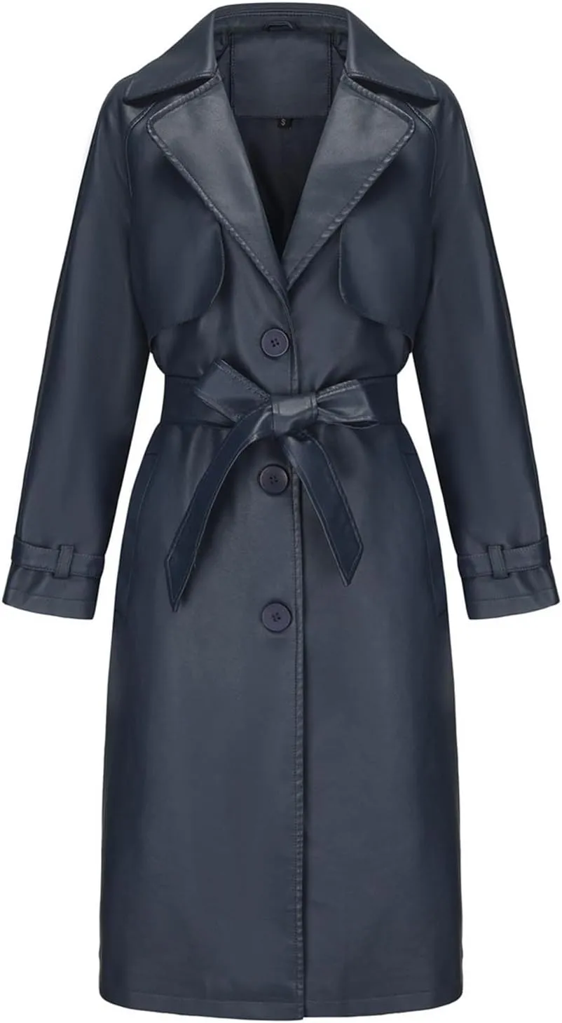 Trench Coat for Women 2024 Lapel Collar Long Leather Coats Casual Winter Windbreaker Jackets Pea Coats with Belt