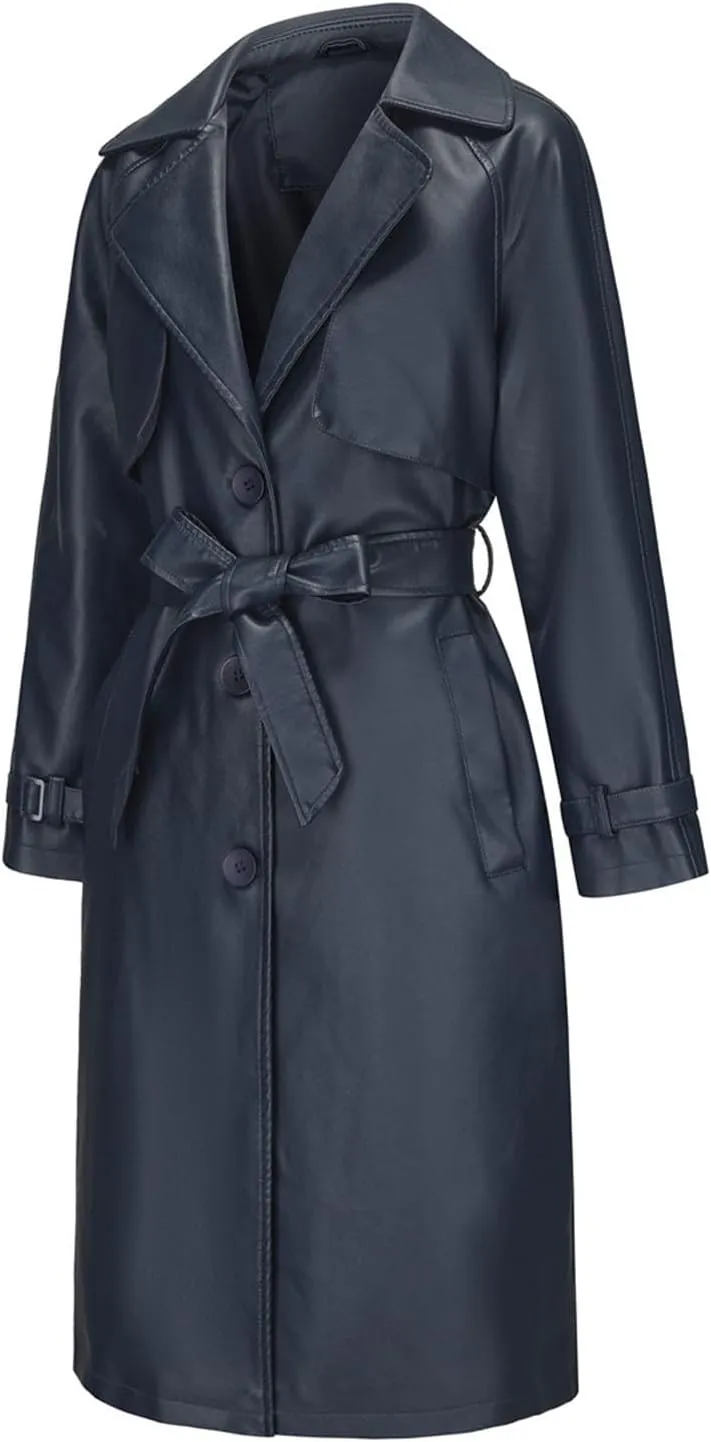 Trench Coat for Women 2024 Lapel Collar Long Leather Coats Casual Winter Windbreaker Jackets Pea Coats with Belt