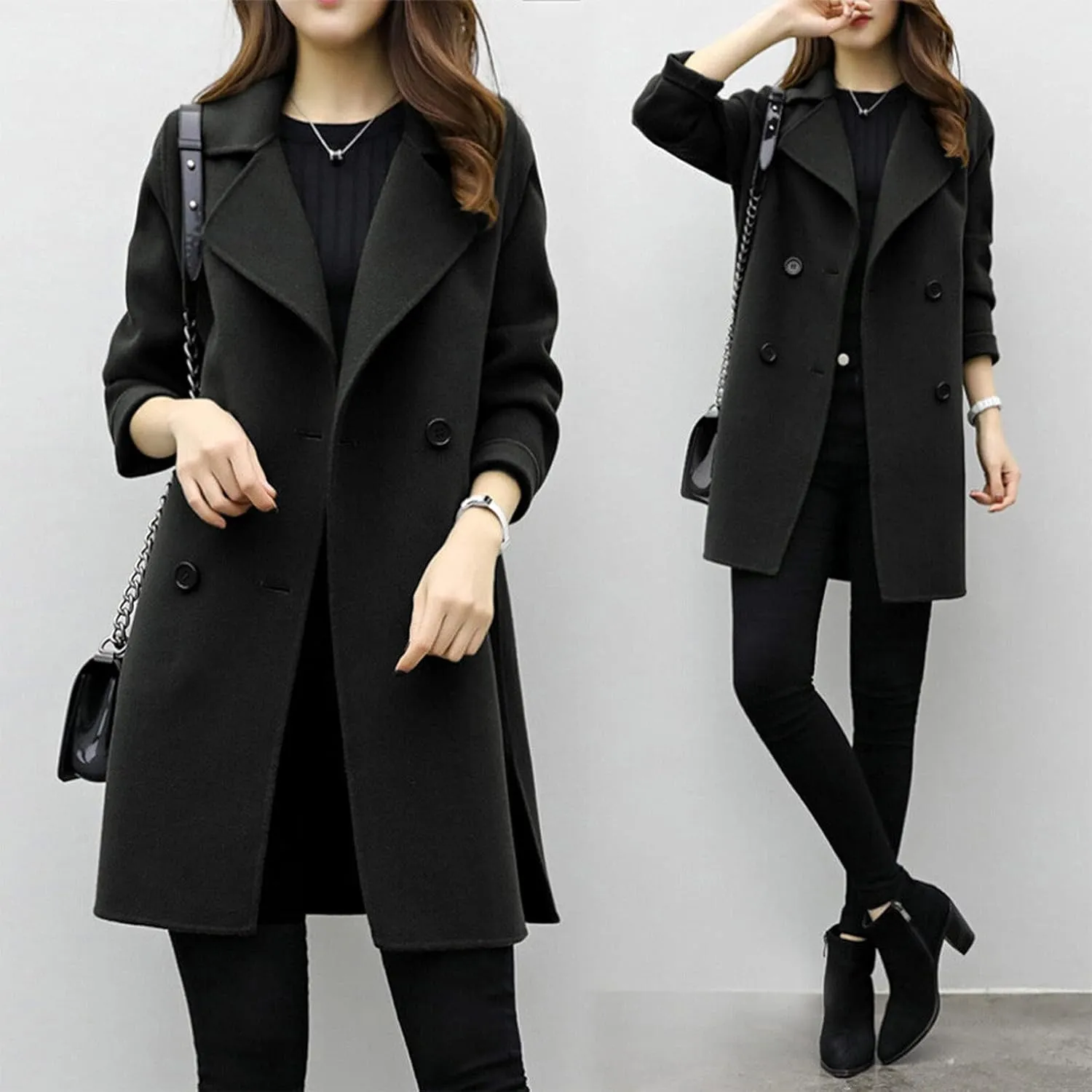 Trench Coat for Women 2024 Winter Warm Wool Blend Pea Coats Lapel Collar Double Breasted Over Coats Long Jackets