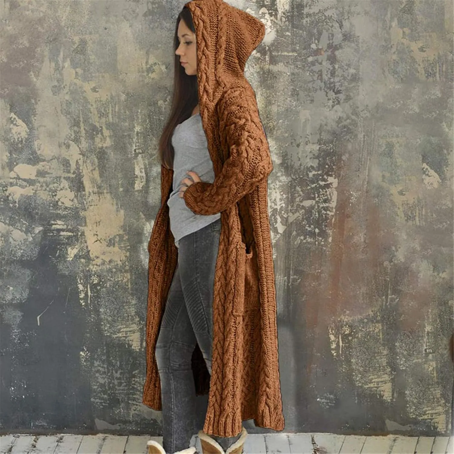 Trench Coat for Women Knitted Front Fashion Loose Elegant Warm Sweater Pocket Single Breasted Long Sleeve Women's