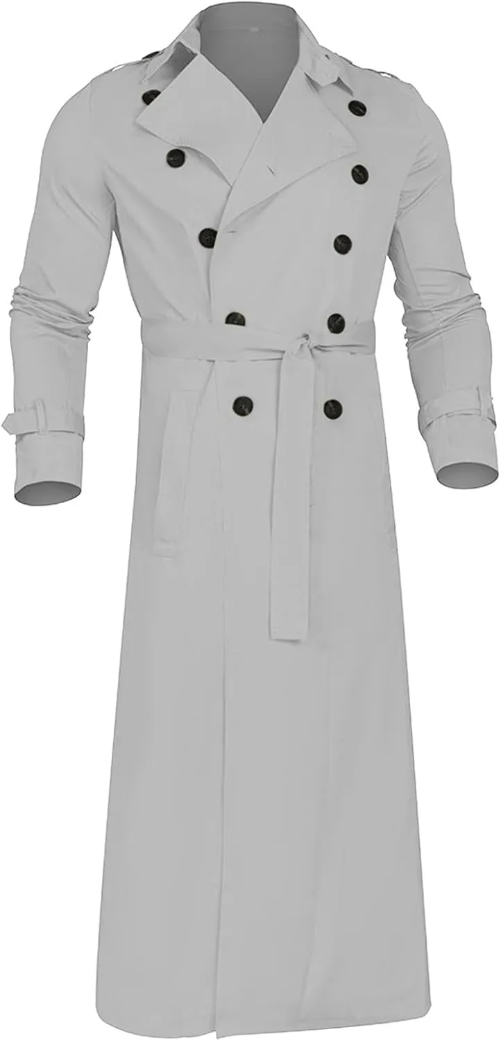 Trench Coat Men Long Double Breasted Trench Coat Belted Lightweight Jacket Notched Lapel Jacket Windbreaker Overcoats