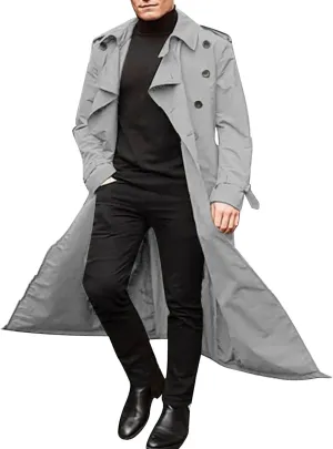 Trench Coat Men Long Double Breasted Trench Coat Belted Lightweight Jacket Notched Lapel Jacket Windbreaker Overcoats