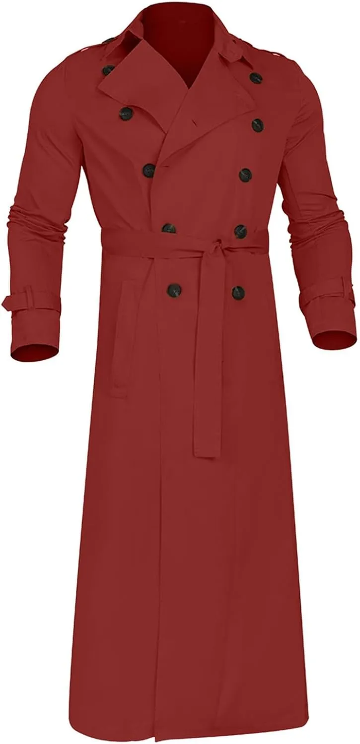 Trench Coat Men Long Double Breasted Trench Coat Belted Lightweight Jacket Notched Lapel Jacket Windbreaker Overcoats