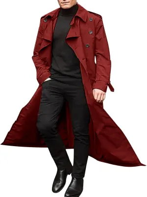 Trench Coat Men Long Double Breasted Trench Coat Belted Lightweight Jacket Notched Lapel Jacket Windbreaker Overcoats