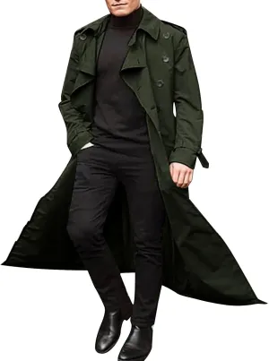 Trench Coat Men Long Double Breasted Trench Coat Belted Lightweight Jacket Notched Lapel Jacket Windbreaker Overcoats
