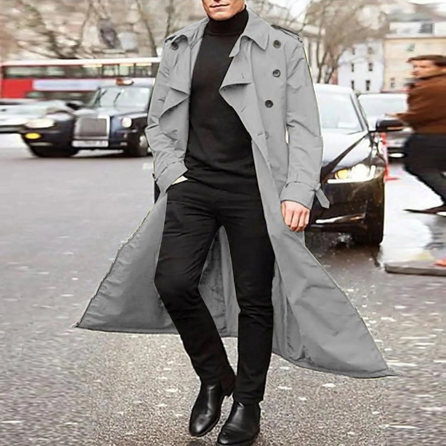 Trench Coat Men Long Double Breasted Trench Coat Belted Lightweight Jacket Notched Lapel Jacket Windbreaker Overcoats