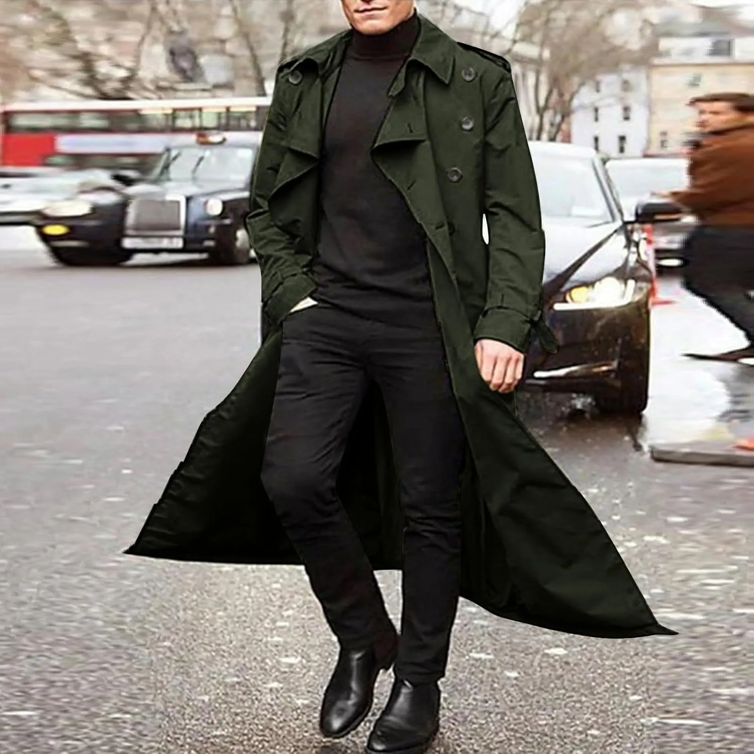 Trench Coat Men Long Double Breasted Trench Coat Belted Lightweight Jacket Notched Lapel Jacket Windbreaker Overcoats