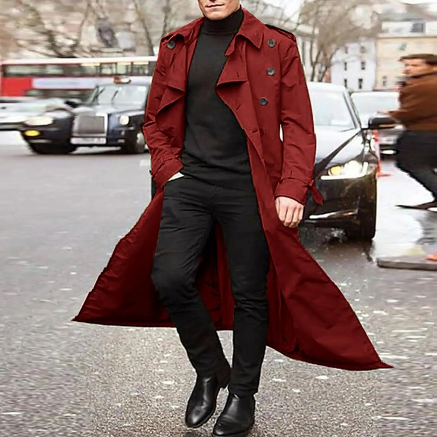 Trench Coat Men Long Double Breasted Trench Coat Belted Lightweight Jacket Notched Lapel Jacket Windbreaker Overcoats