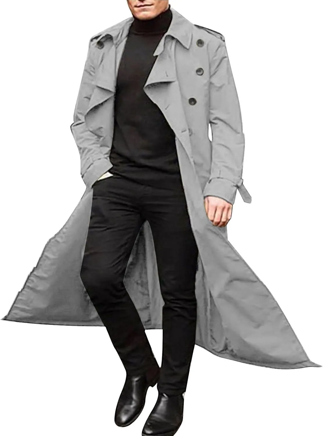 Trench Coat Men Long Double Breasted Trench Coat Belted Lightweight Jacket Notched Lapel Jacket Windbreaker Overcoats