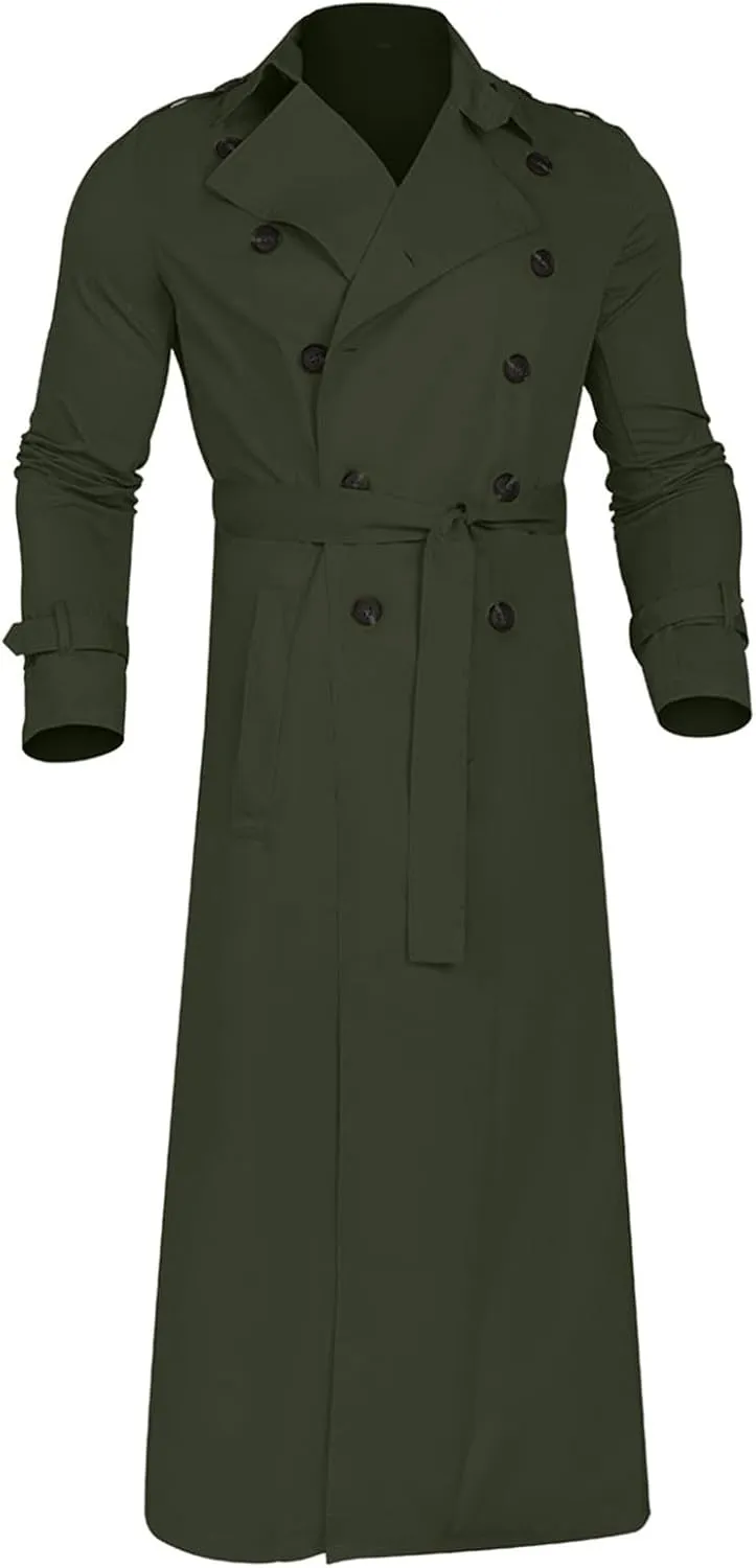 Trench Coat Men Long Double Breasted Trench Coat Belted Lightweight Jacket Notched Lapel Jacket Windbreaker Overcoats