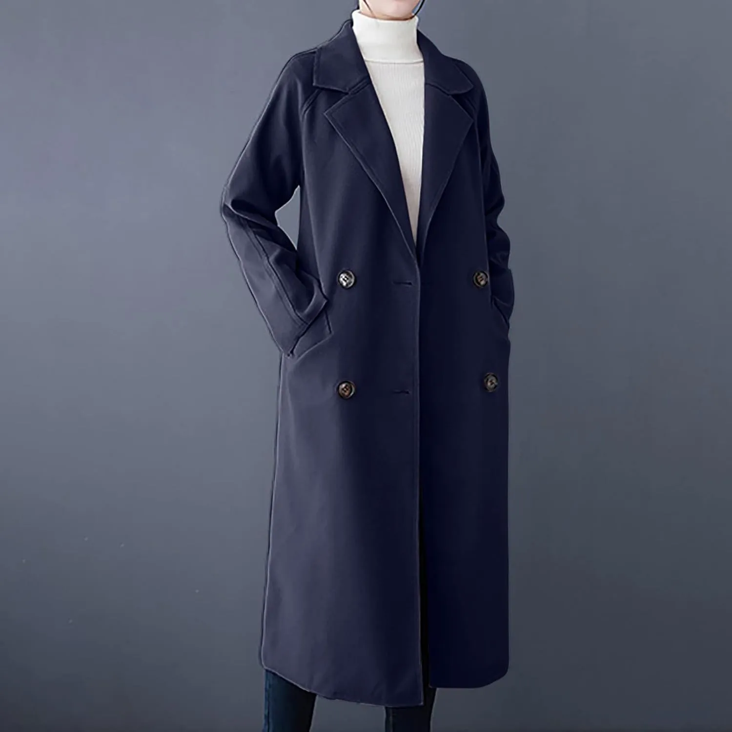 Trench Coat Women Double Breasted Lapel Collar Pea Coats Plus Size Long Winter Coats Casual Overcoat with Belt