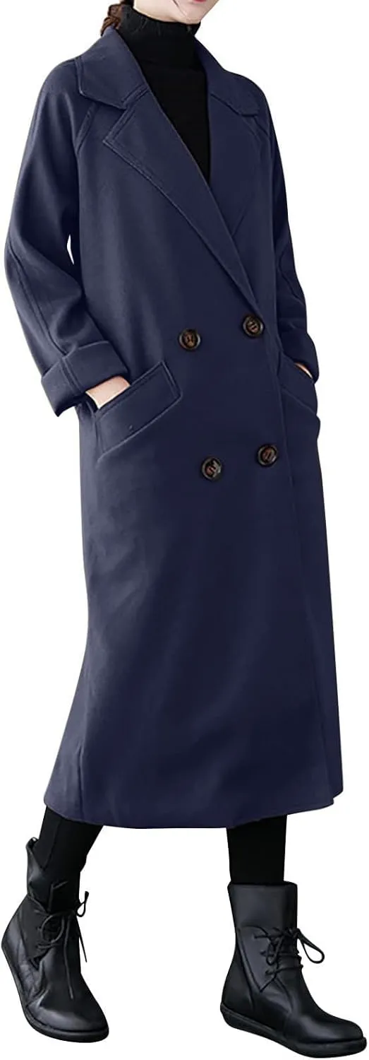 Trench Coat Women Double Breasted Lapel Collar Pea Coats Plus Size Long Winter Coats Casual Overcoat with Belt