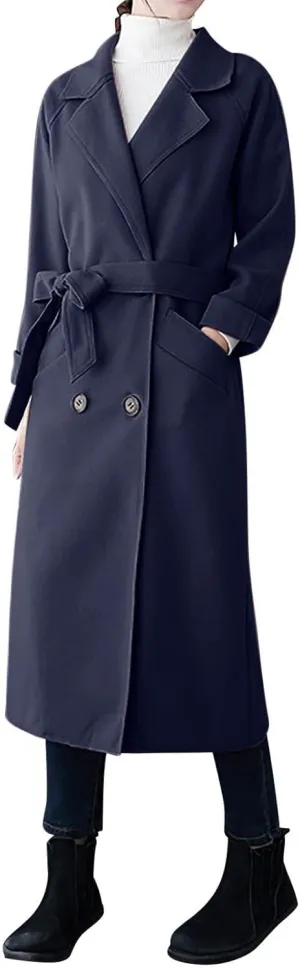 Trench Coat Women Double Breasted Lapel Collar Pea Coats Plus Size Long Winter Coats Casual Overcoat with Belt
