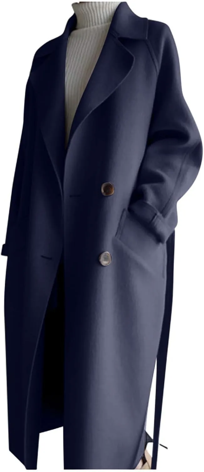 Trench Coat Women Double Breasted Lapel Collar Pea Coats Plus Size Long Winter Coats Casual Overcoat with Belt