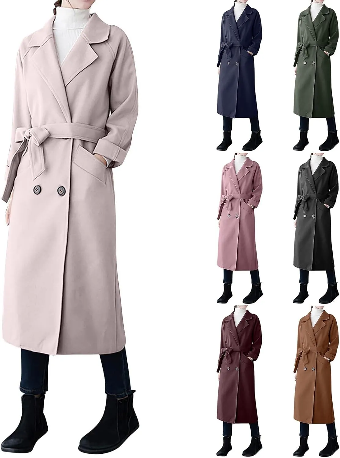 Trench Coat Women Double Breasted Lapel Collar Pea Coats Plus Size Long Winter Coats Casual Overcoat with Belt