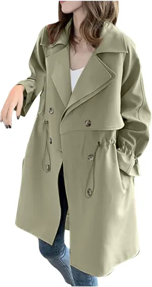 Trench Coat Women Double Breasted Notched Lapel Collar Pea Coat Fall Light Thin Long Overcoat Drawstring Waist Peacoat
