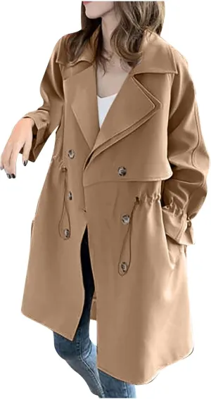 Trench Coat Women Double Breasted Notched Lapel Collar Pea Coat Fall Light Thin Long Overcoat Drawstring Waist Peacoat