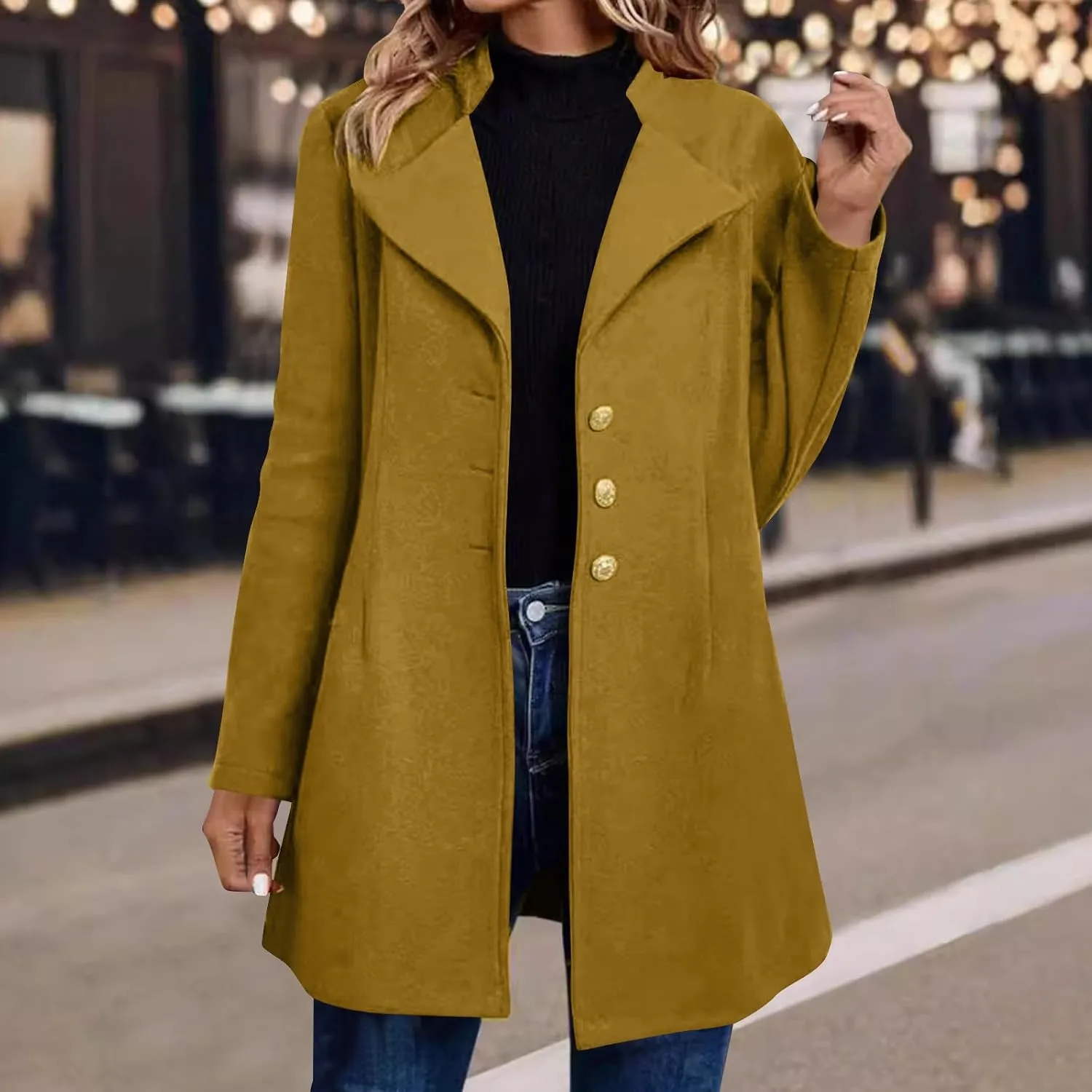 Trench Coat Women Fall Winter Notched Lapel Blazers Plus Size Soild Wool Blend Overcoats Single-Breasted Pea Coat