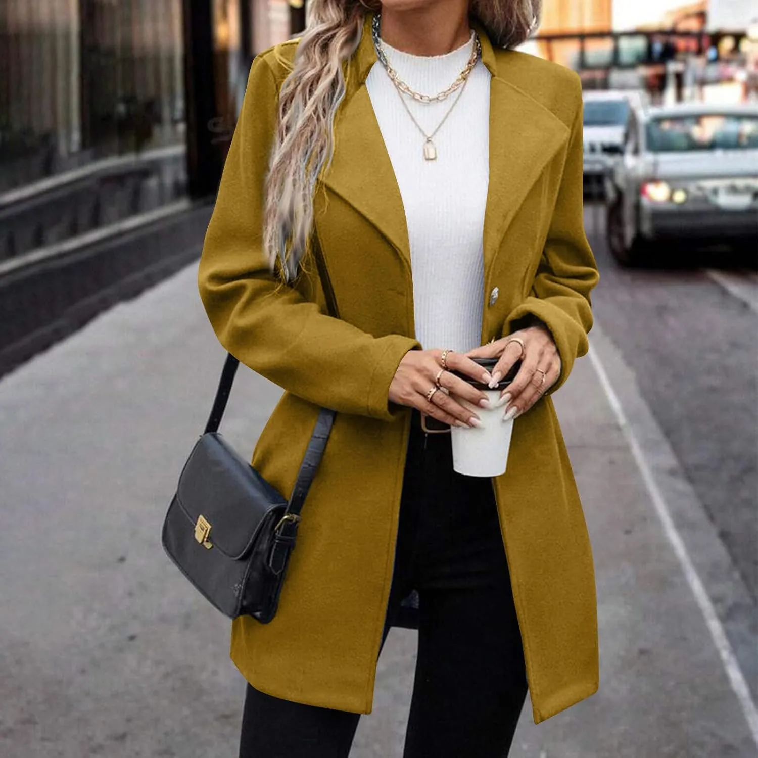 Trench Coat Women Fall Winter Notched Lapel Blazers Plus Size Soild Wool Blend Overcoats Single-Breasted Pea Coat