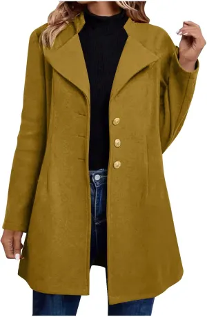 Trench Coat Women Fall Winter Notched Lapel Blazers Plus Size Soild Wool Blend Overcoats Single-Breasted Pea Coat