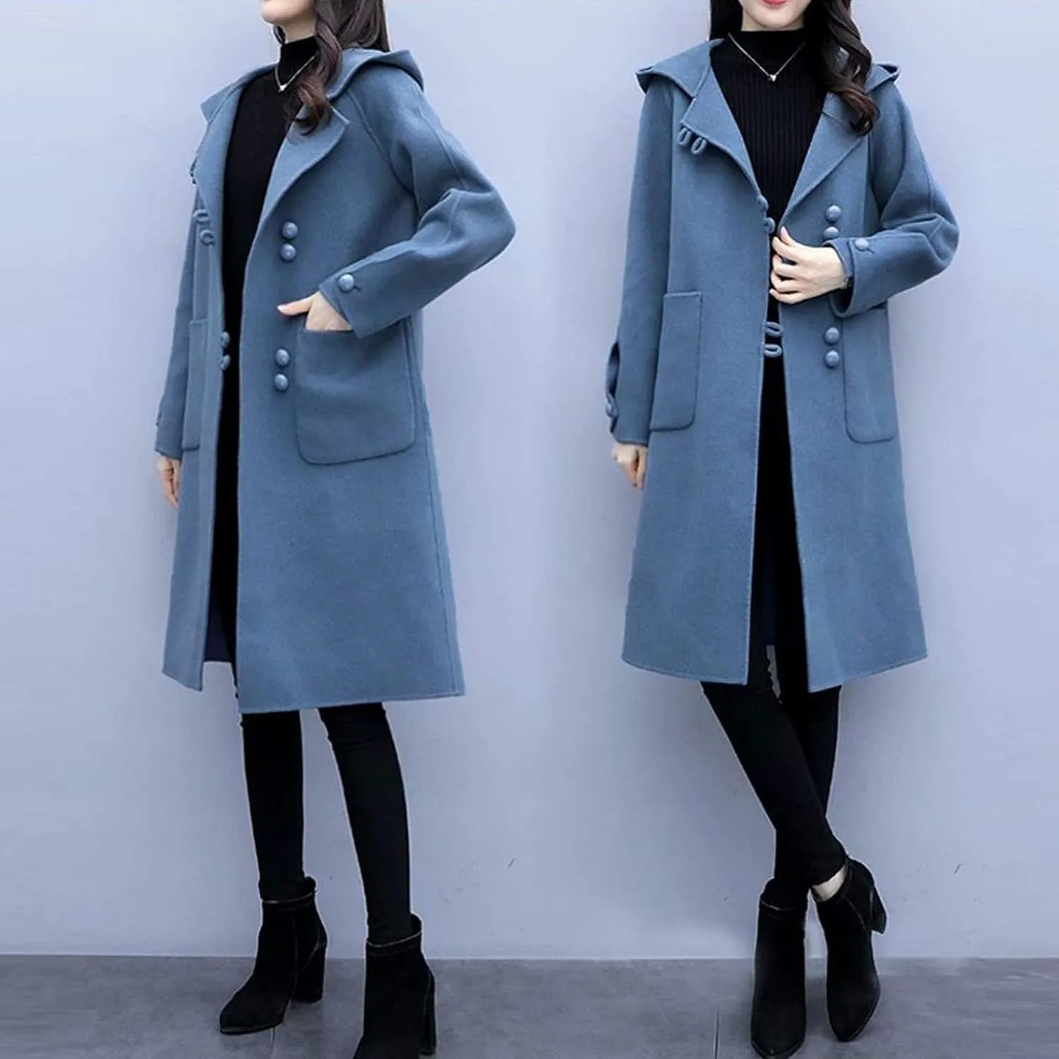 Trench Coat Women Hooded Long Trench Coat Fall Winter Fashion Button Down Windproof Overcoat with Hood Pockets