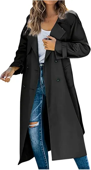 Trench Coat Women Waterproof Double Breasted Long Coats Trendy Notch Collar Jackets Fall Windbreaker with Pockets