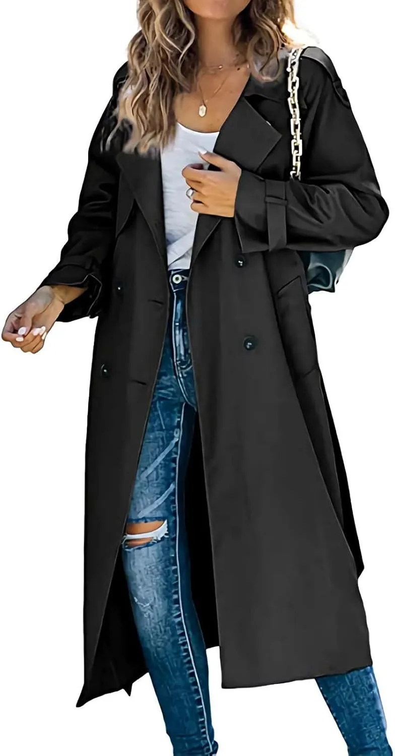 Trench Coat Women Waterproof Double Breasted Long Coats Trendy Notch Collar Jackets Fall Windbreaker with Pockets