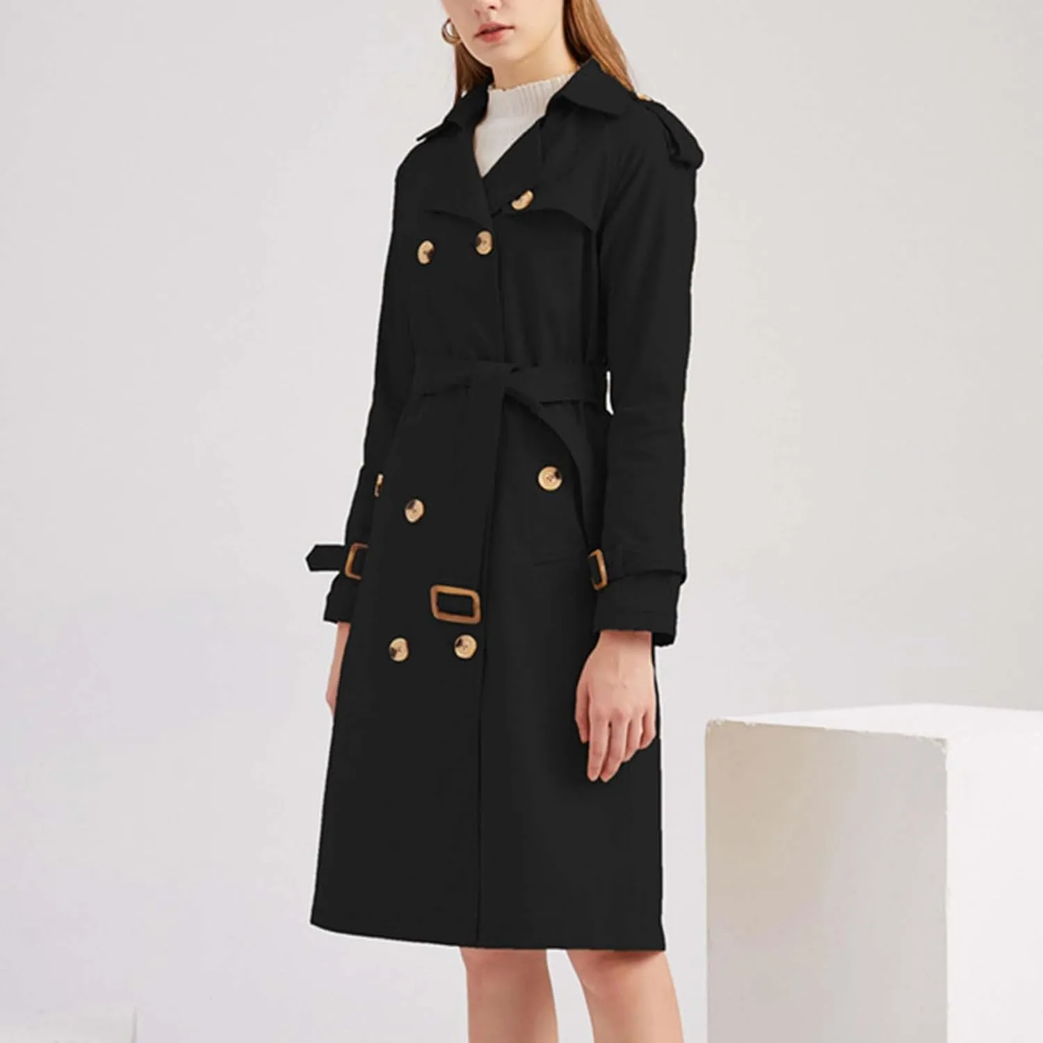 Trench Coats for Women Lightweight Double Breasted Overcoat Plus Size Long Windbreaker Cardigan Jackets with Belt